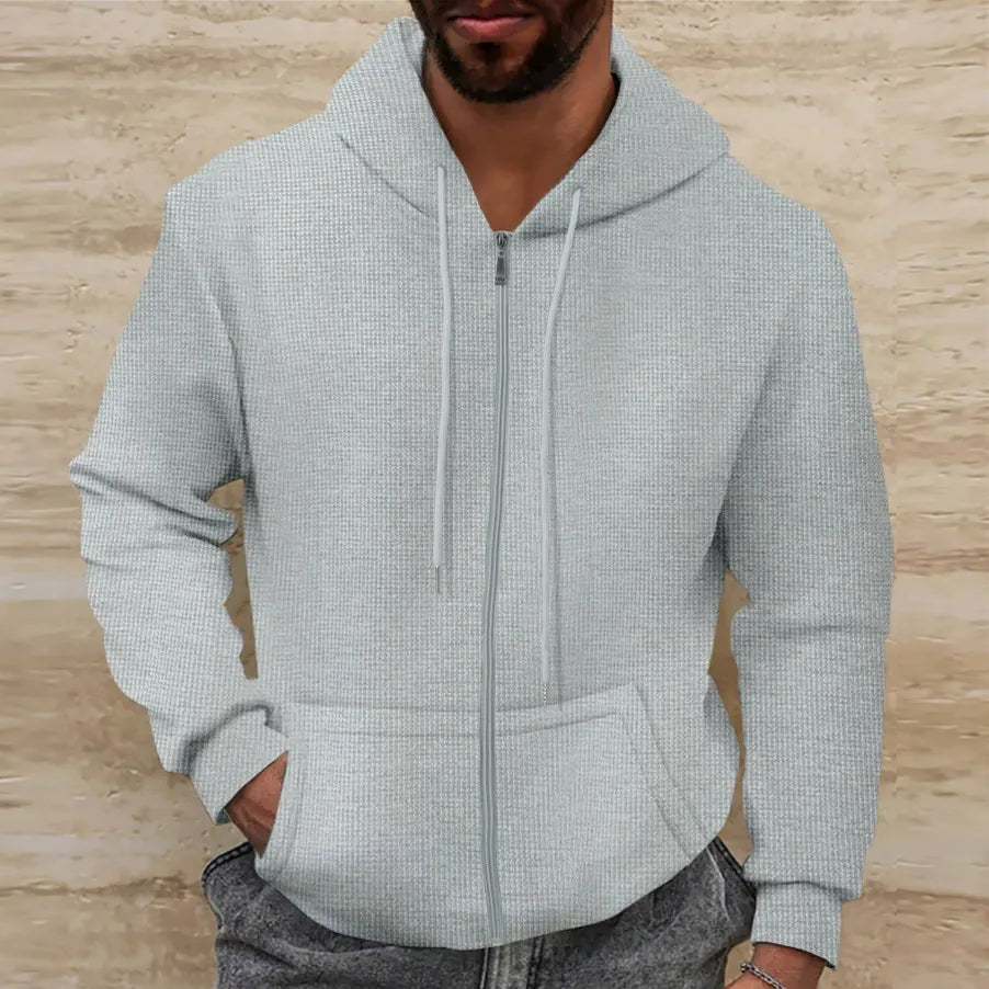 Men's zip-up hoodie showing full-length front zipper closure — straight-on view