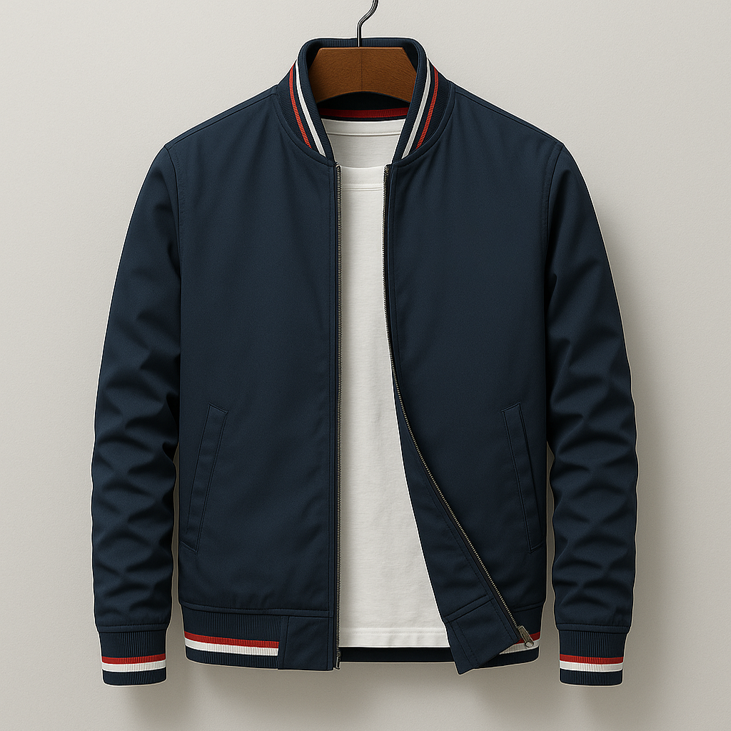 Men's minimalist bomber jacket with striped ribbed trim, regular fit, and waist-length silhouette