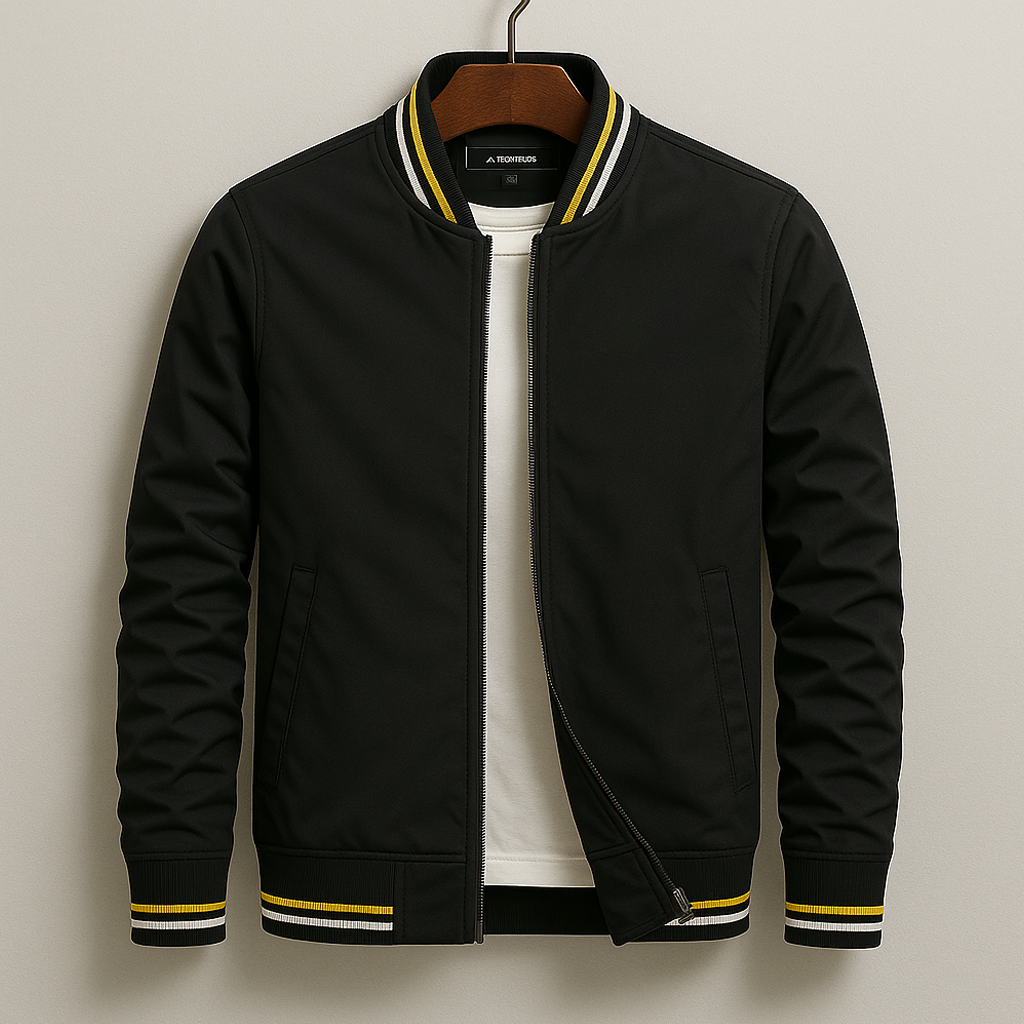 Men's zip-up bomber jacket with striped ribbed hem, cuffs, and sporty minimalist design