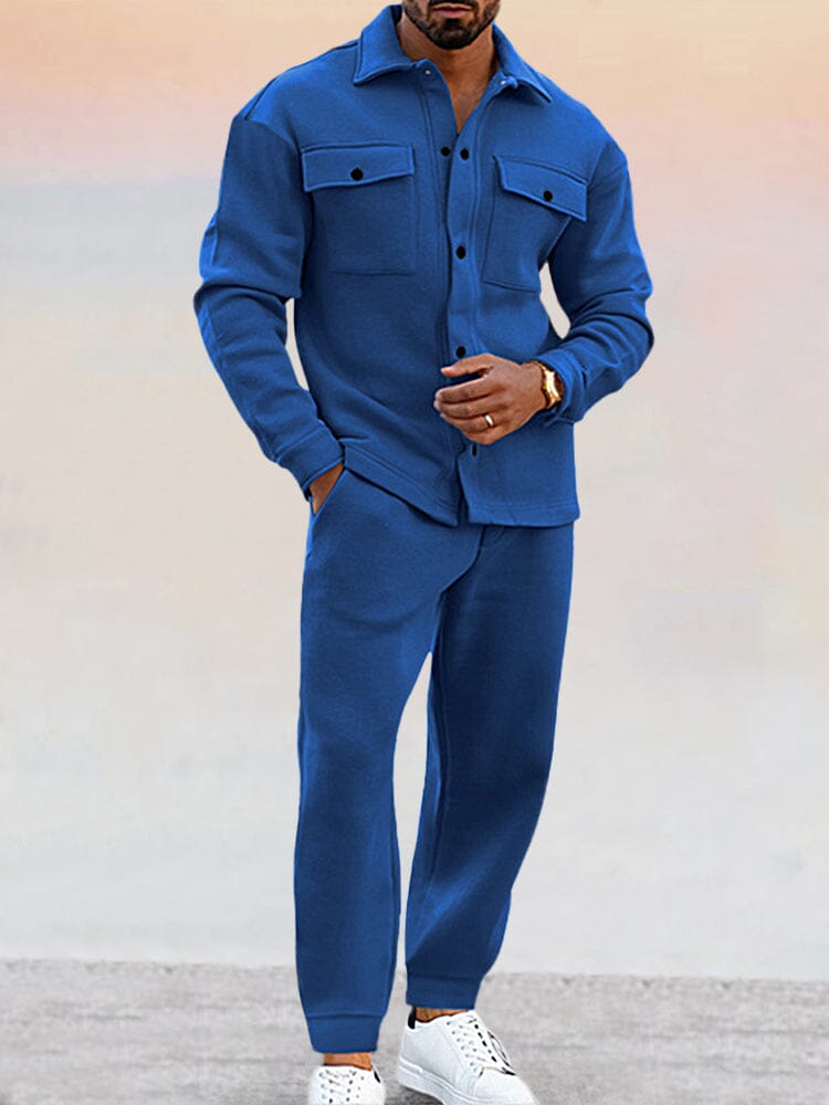 Men's matching shirt and jogger pants set with chest pockets, side view