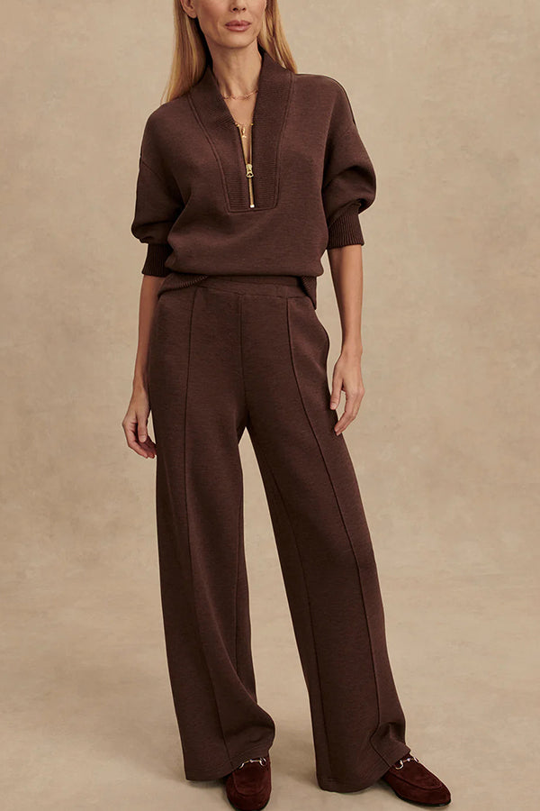 Women's knitted lounge set with zip neck top and wide-leg trousers in a relaxed fit