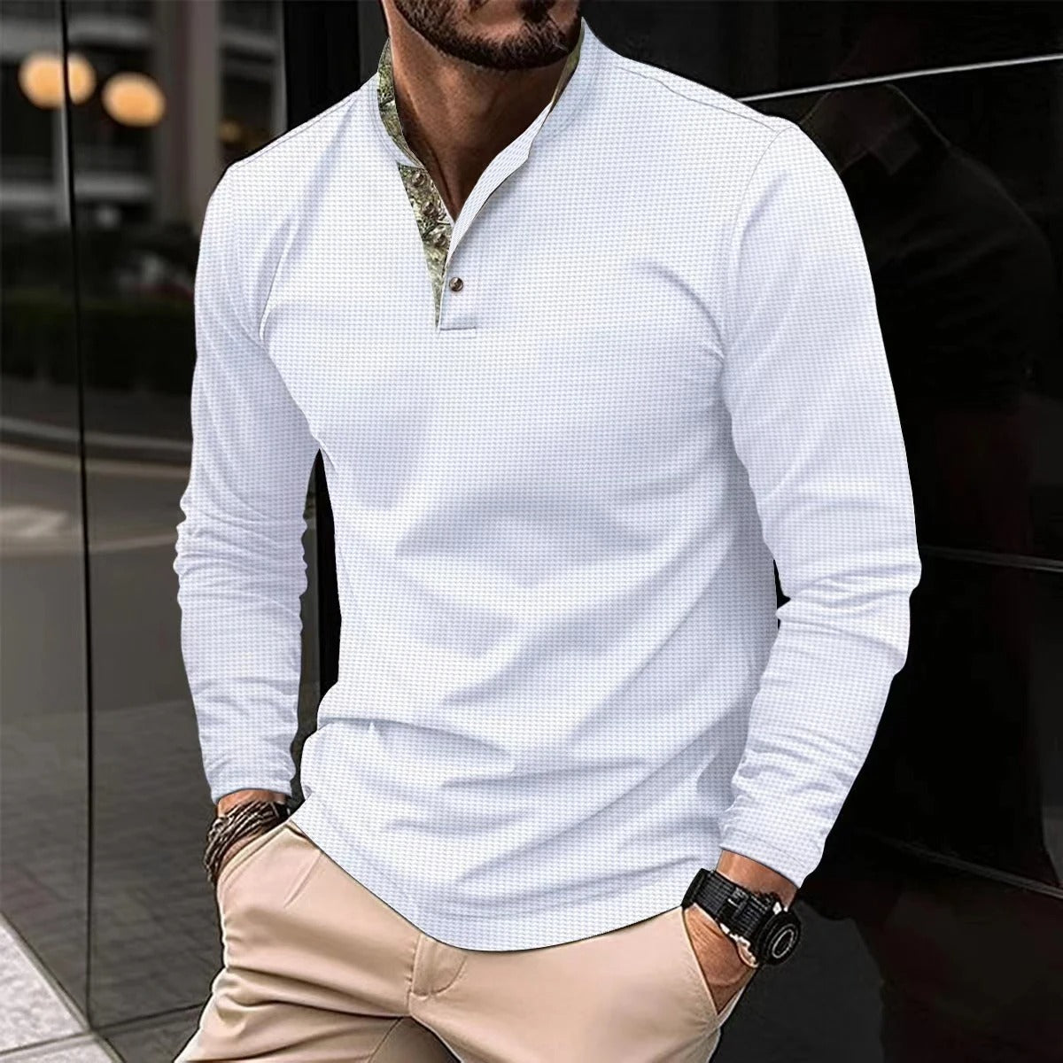 Men's long-sleeve Henley shirt with stand-up collar, front view