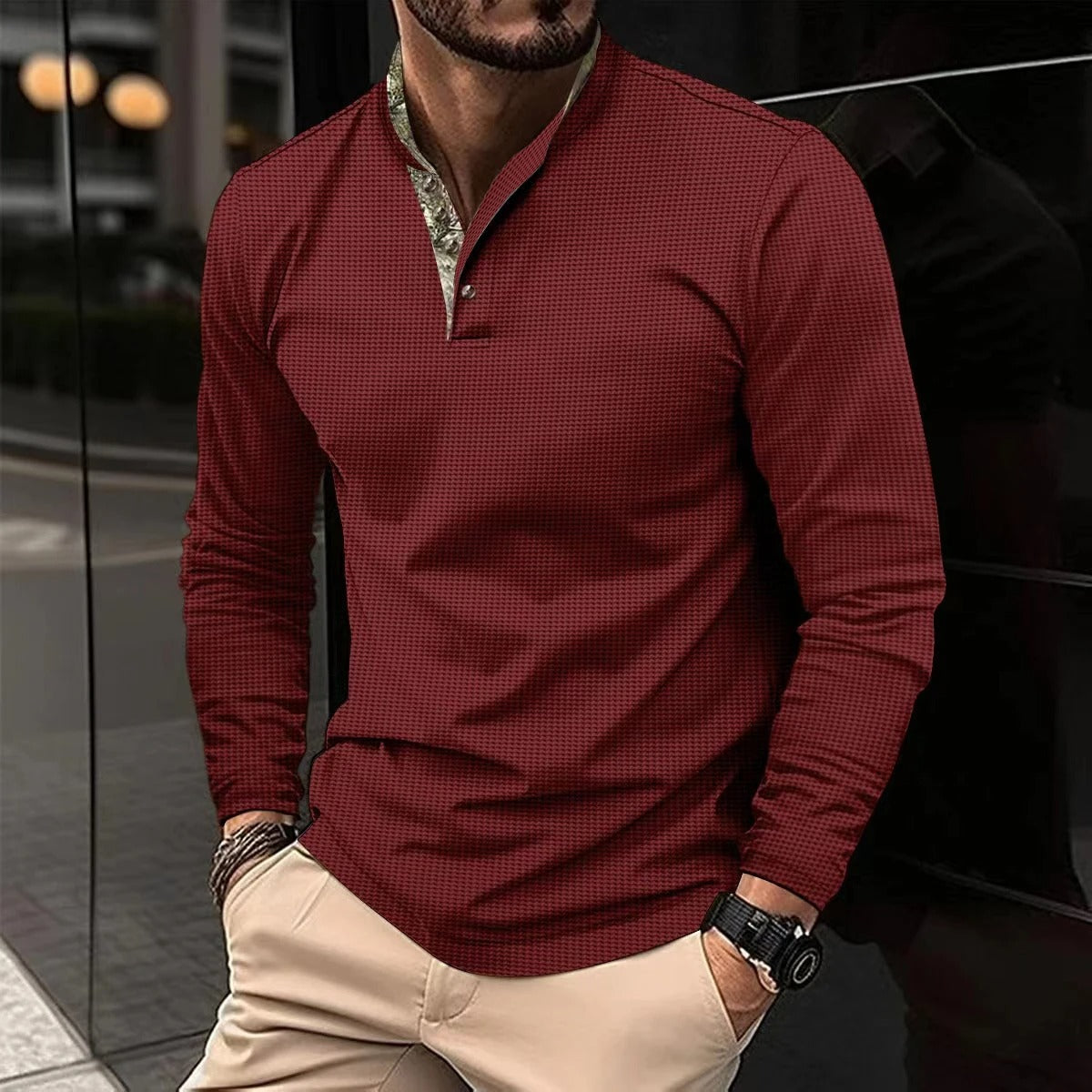 Men's regular fit Henley shirt, back view full length