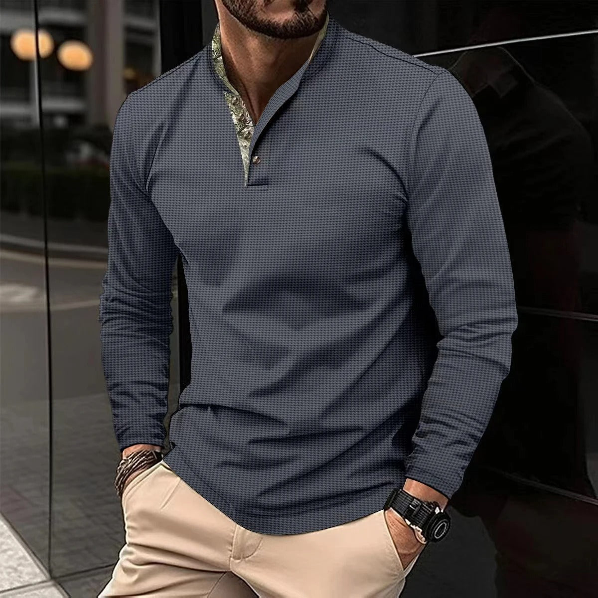 Men's cotton blend Henley shirt, three-quarter angle view