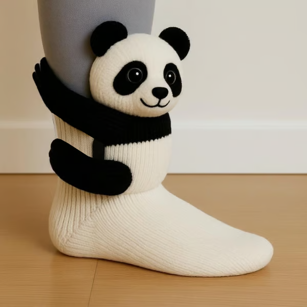 Women's 3D animal motif socks displayed in a folded pair view