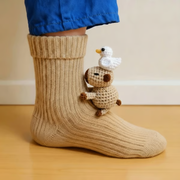 Women's cotton socks with 3D animal motif showing sloth and koala design variants