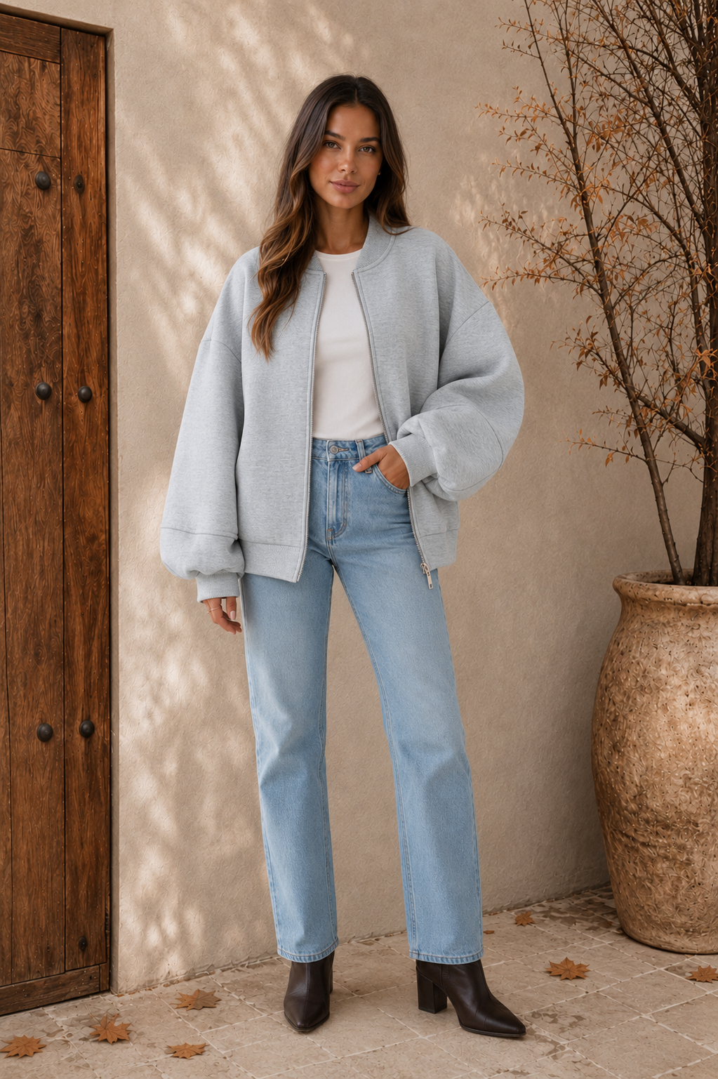 Women's oversized zip bomber jacket in gray with relaxed fit and balloon sleeves