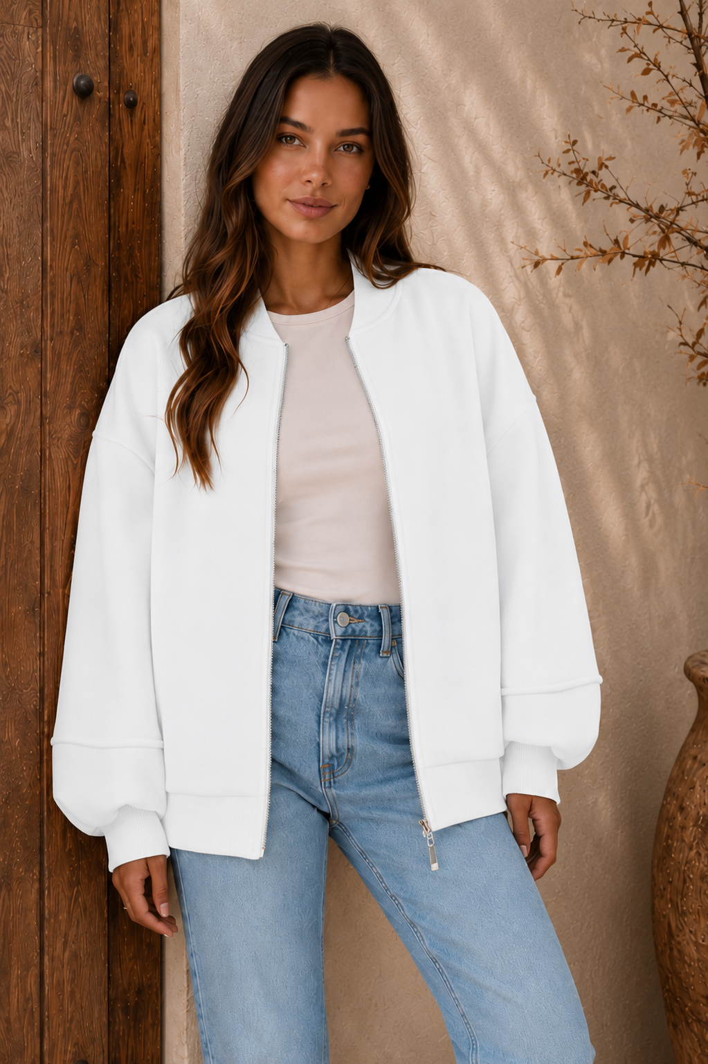 Women's oversized zip bomber jacket in white with elastic cuffs
