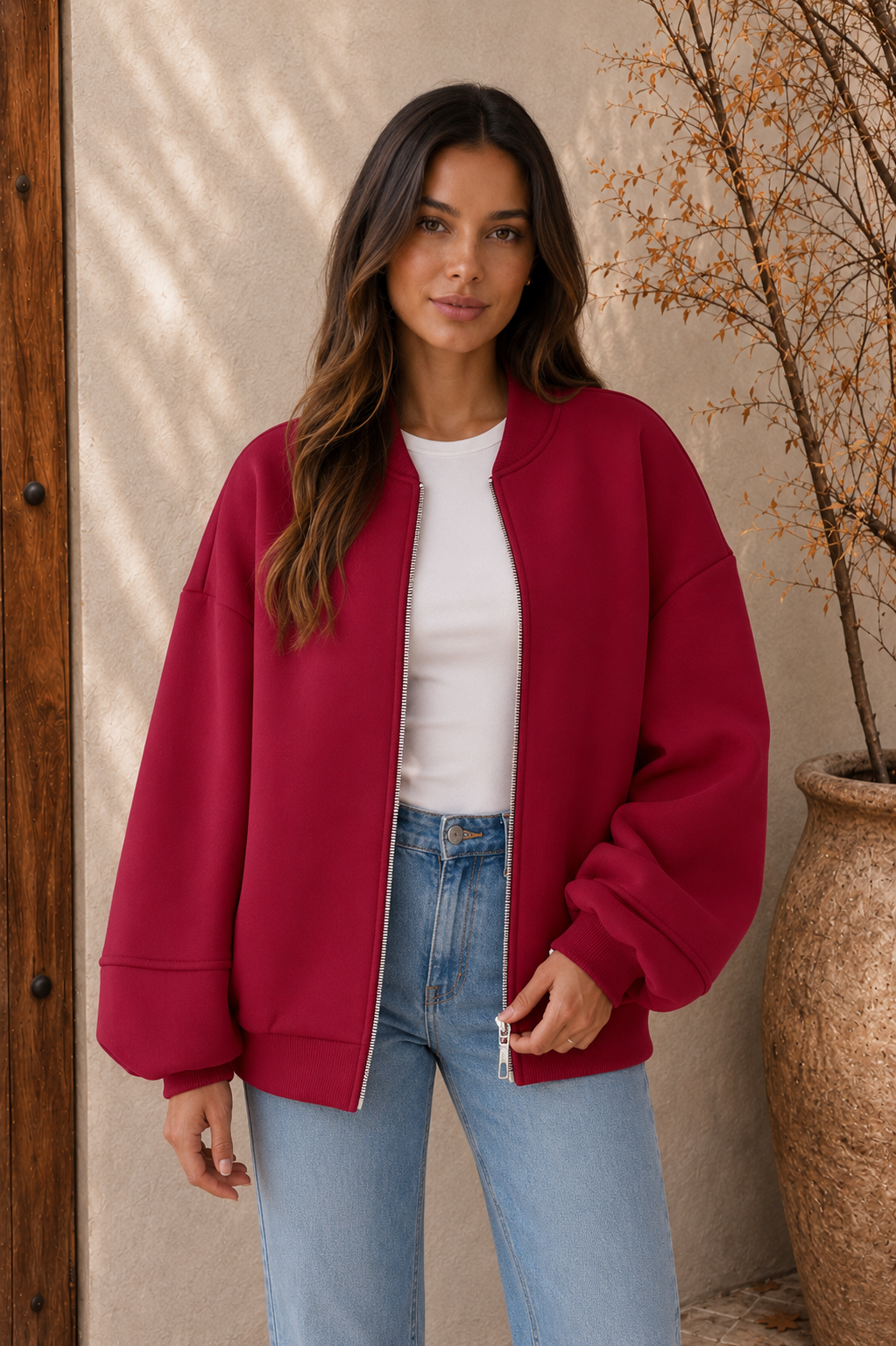 Women's oversized bomber jacket in red casual streetwear style