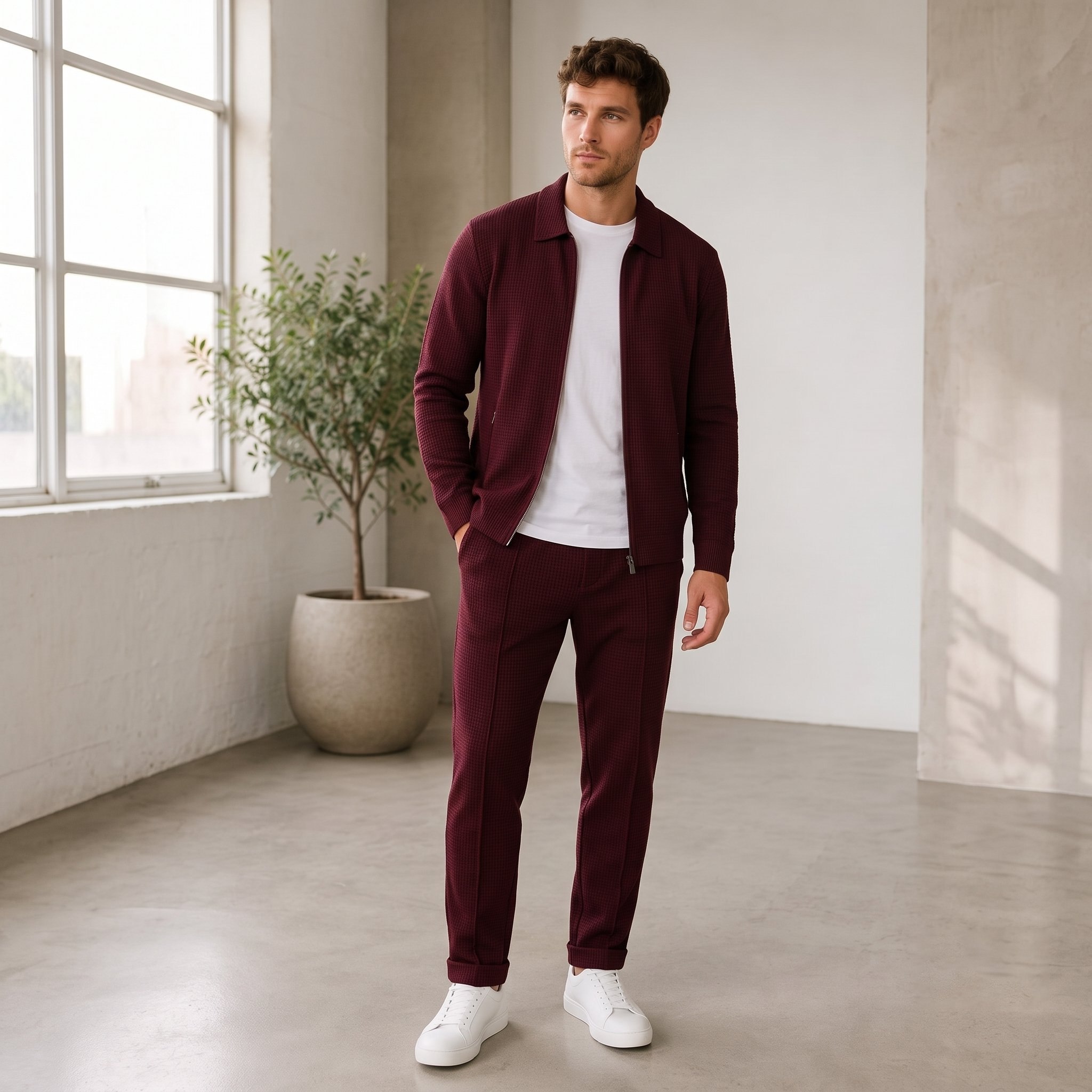 Men's textured zip-up jacket and tapered pants set with structured collar and drawstring waist