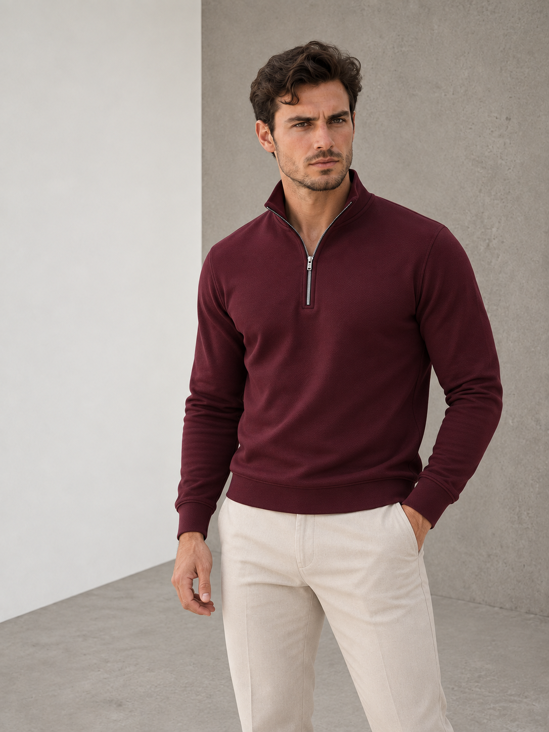 Men's knitted half-zip sweater with ribbed cuffs and stand-up collar