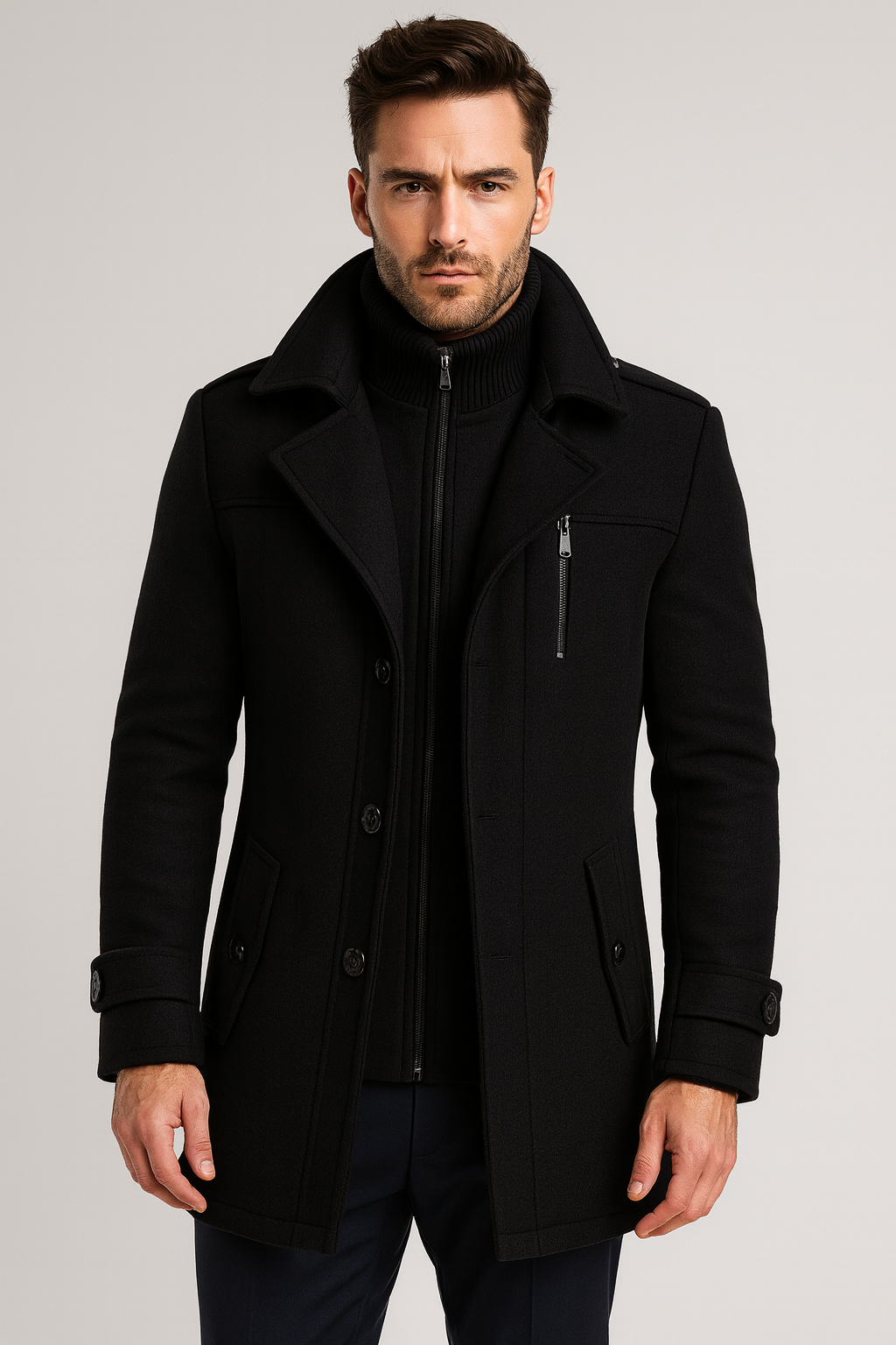 Men's wool blend outerwear coat with side pockets and chest zipper pocket