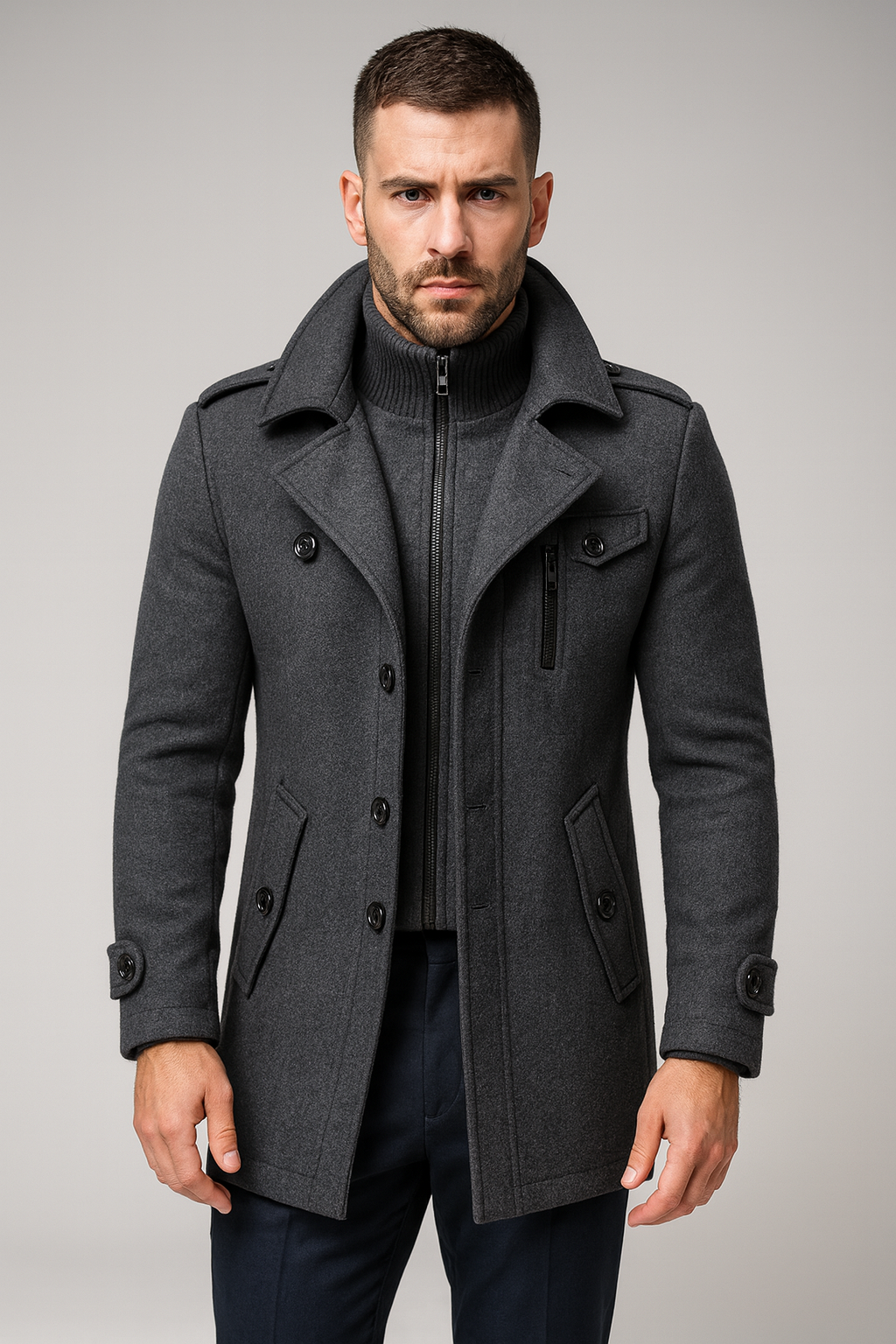 Men's waist-length coat with smooth dense wool blend surface and regular fit