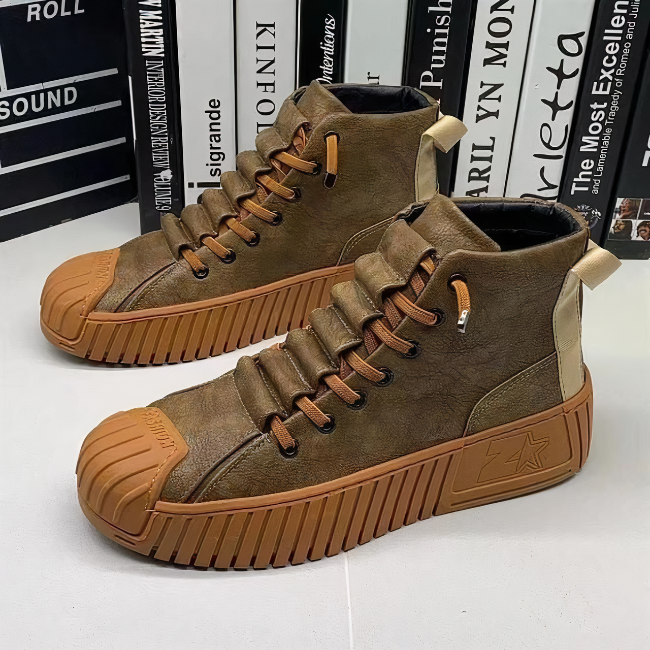Men's high-top lace-up sneakers with padded upper panels and reinforced toe