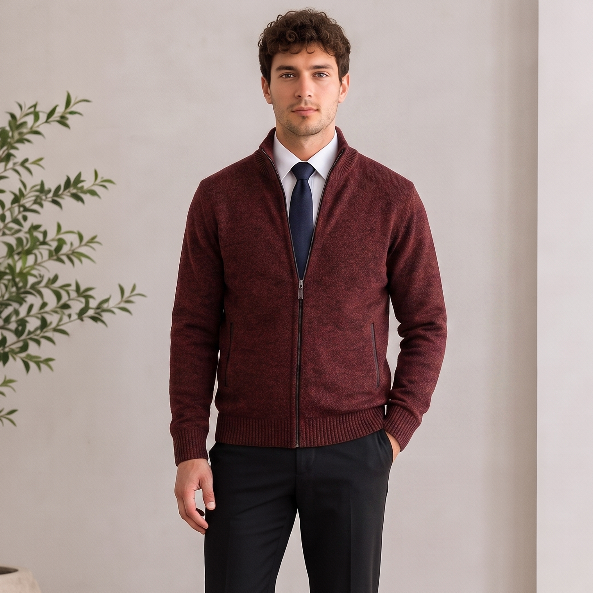 Textured Knit Jacket Zip Front Men