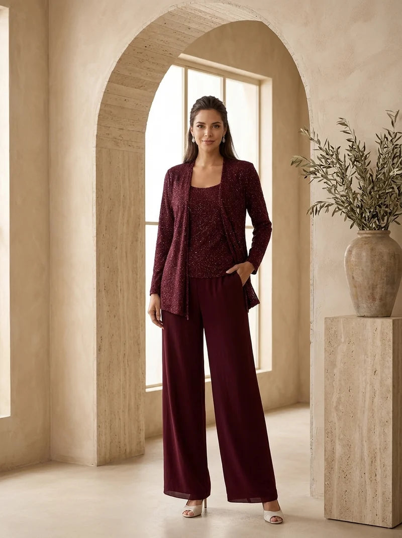 Burgundy three-piece evening set with wide leg trousers women