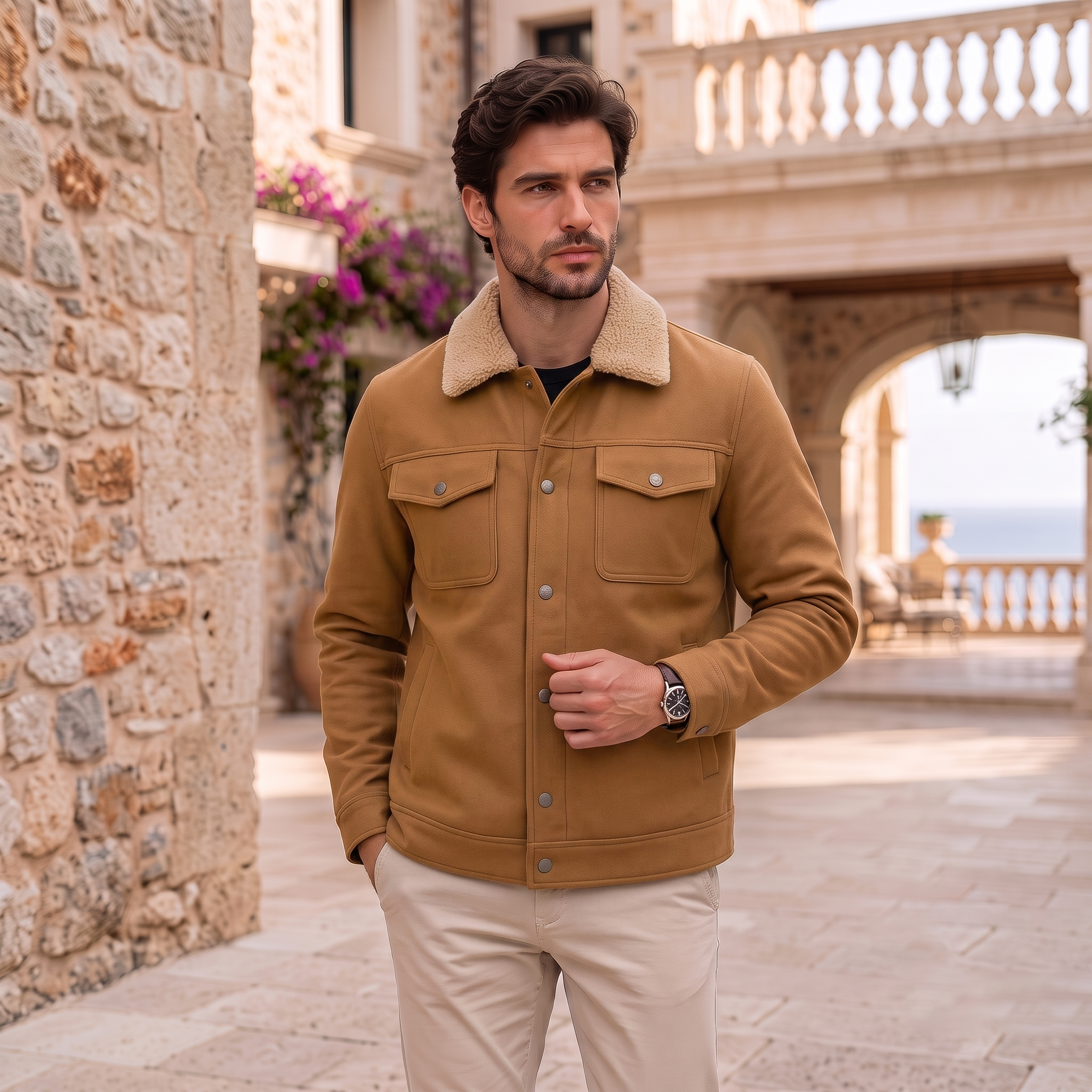 Men's button-up jacket with shearling-look lined collar, buttoned cuffs, and chest flap pockets