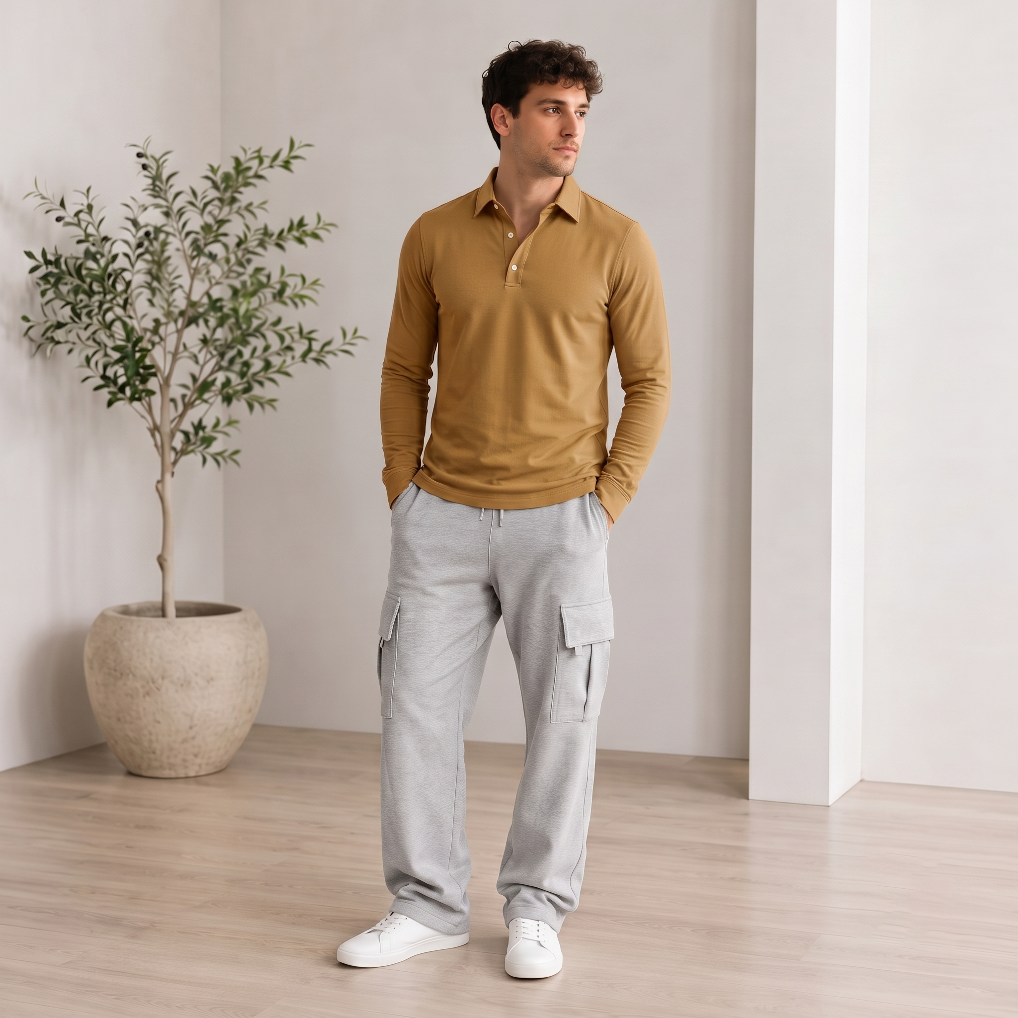 Men's long-sleeved polo shirt with classic collar and front button placket