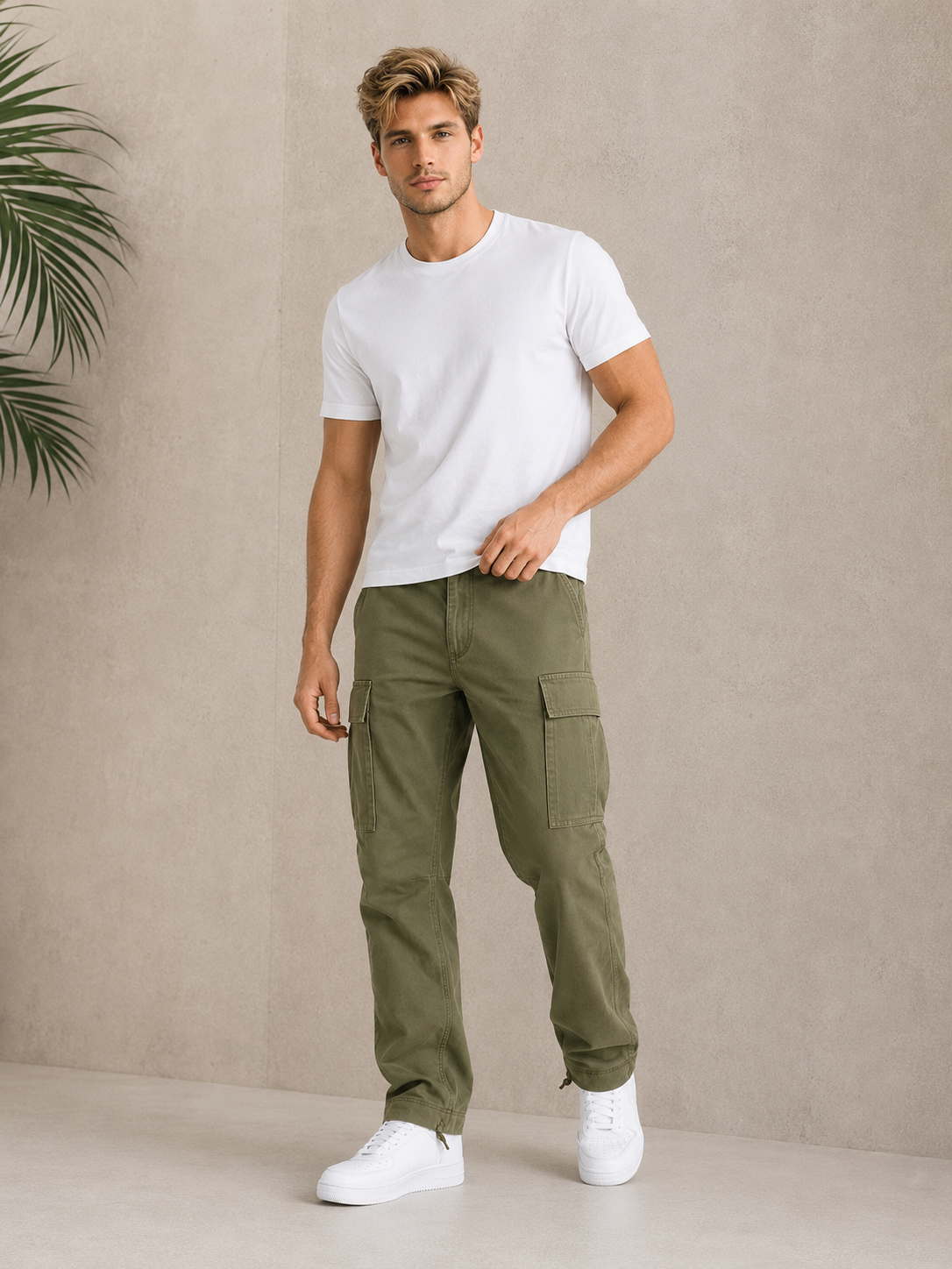 Men's straight-fit cargo pants with multiple cargo pockets, mid-rise waist, and adjustable leg cuffs