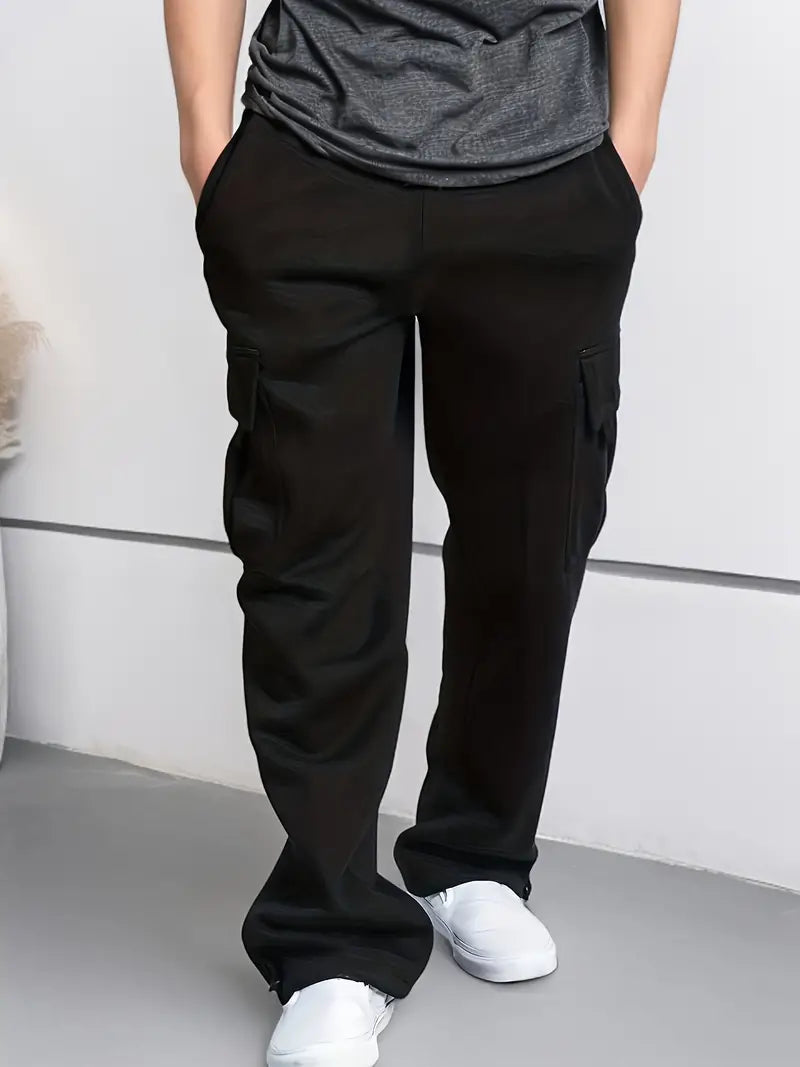 Men's cargo sweatpants in a full-length relaxed fit with multiple leg pockets