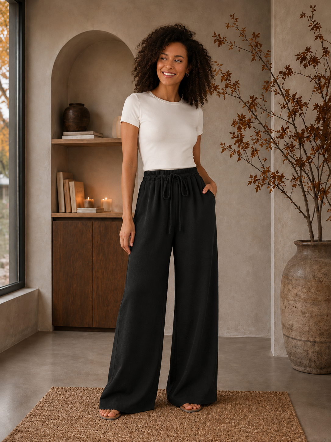 Women's relaxed wide-leg pants with drawstring waist