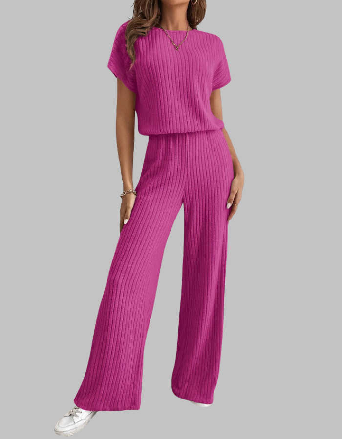 Women's short-sleeve ribbed top and wide-leg pants two-piece set