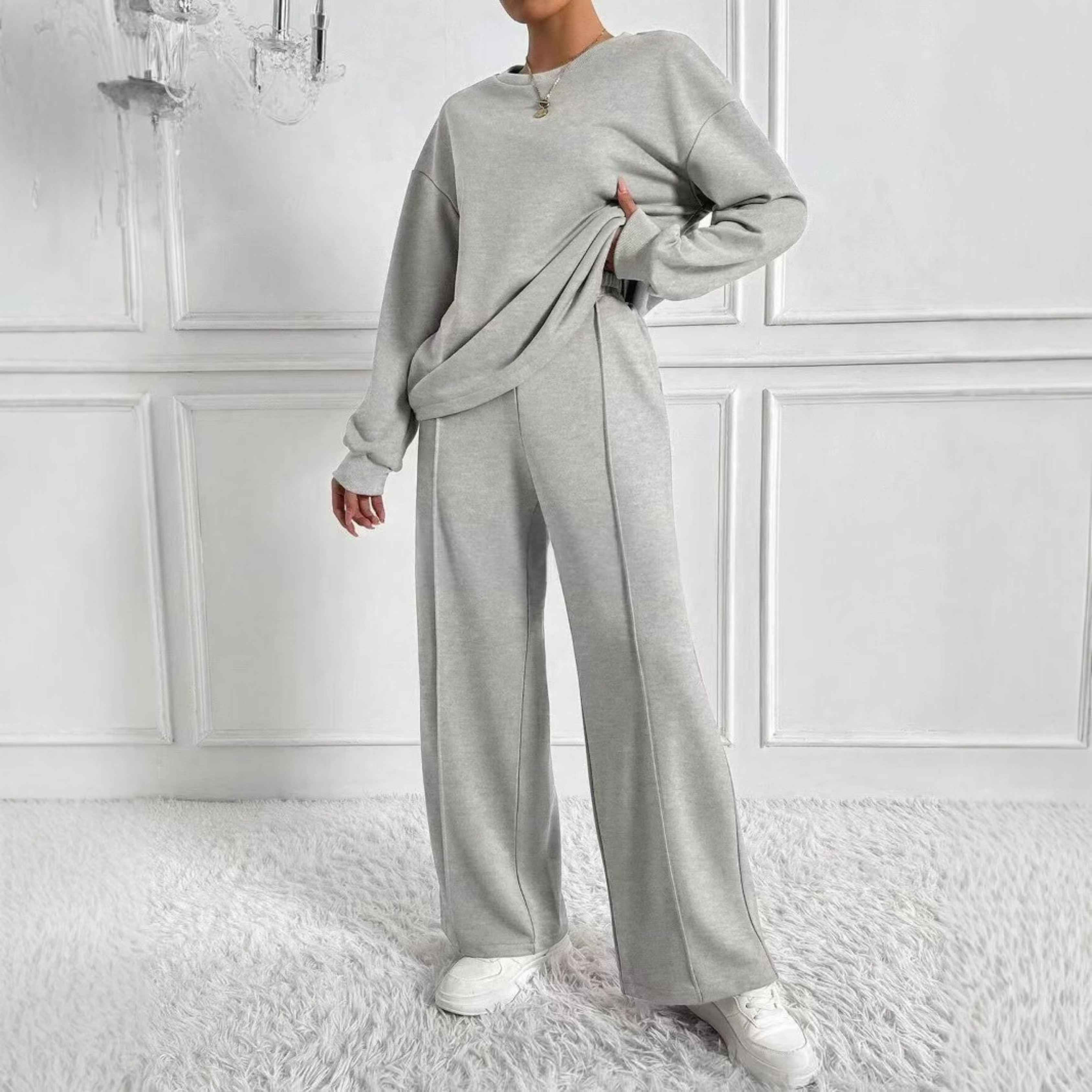Women's two-piece set with long-sleeve round-neck sweater and wide-leg trousers in polyester