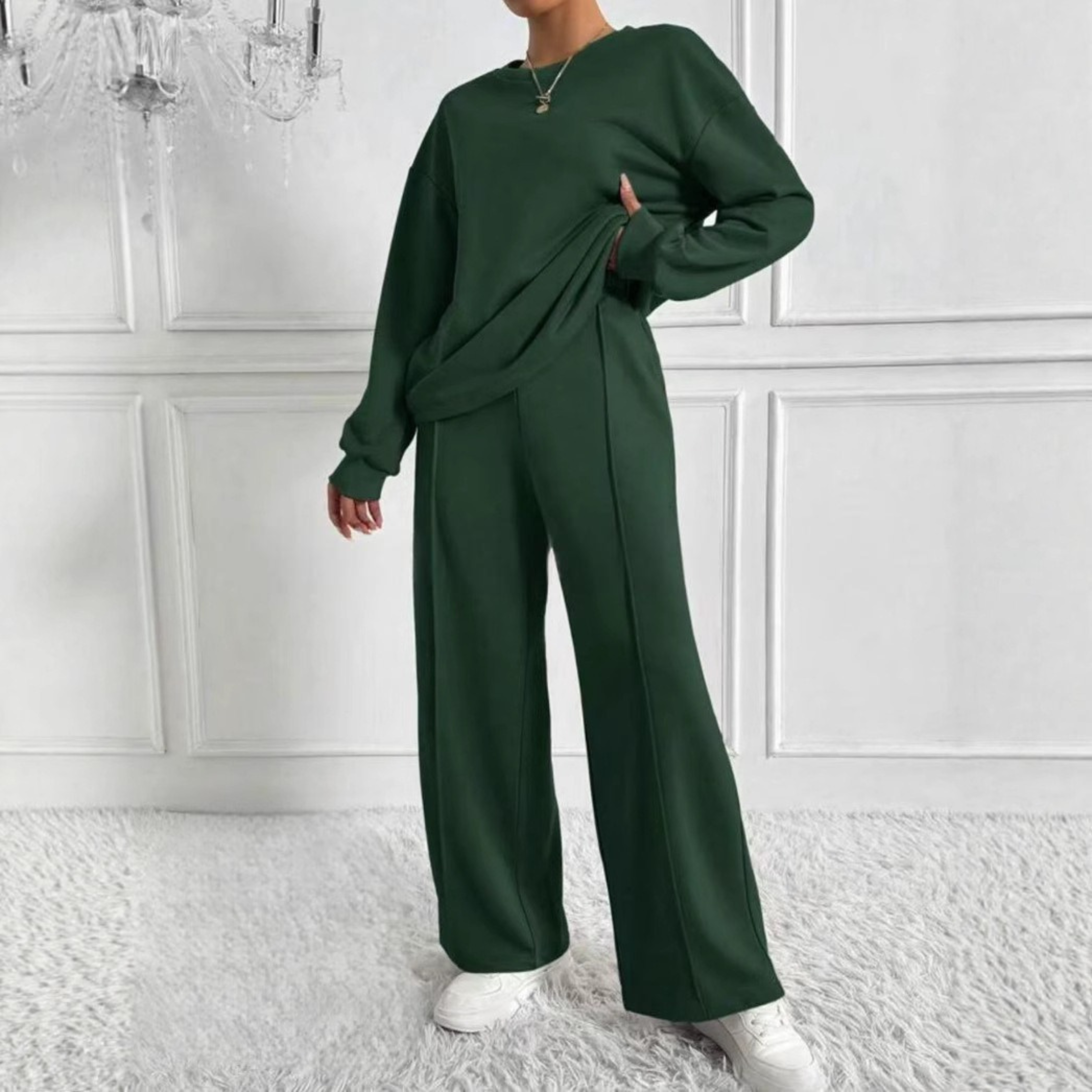 Women's long-sleeve round-neck sweater and wide-leg trousers two-piece set in polyester
