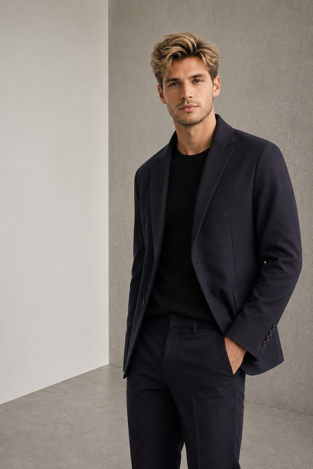 Man wearing a dark tailored fit jacket