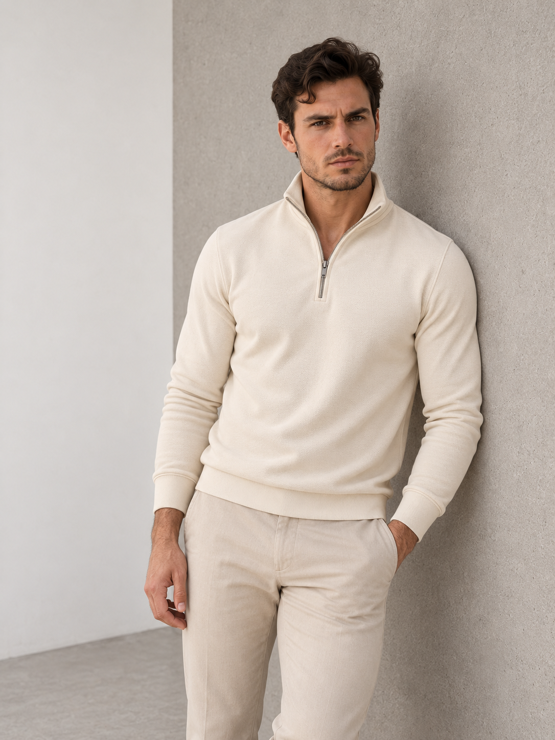 Men's long-sleeve half-zip knitted sweater with even-textured fabric