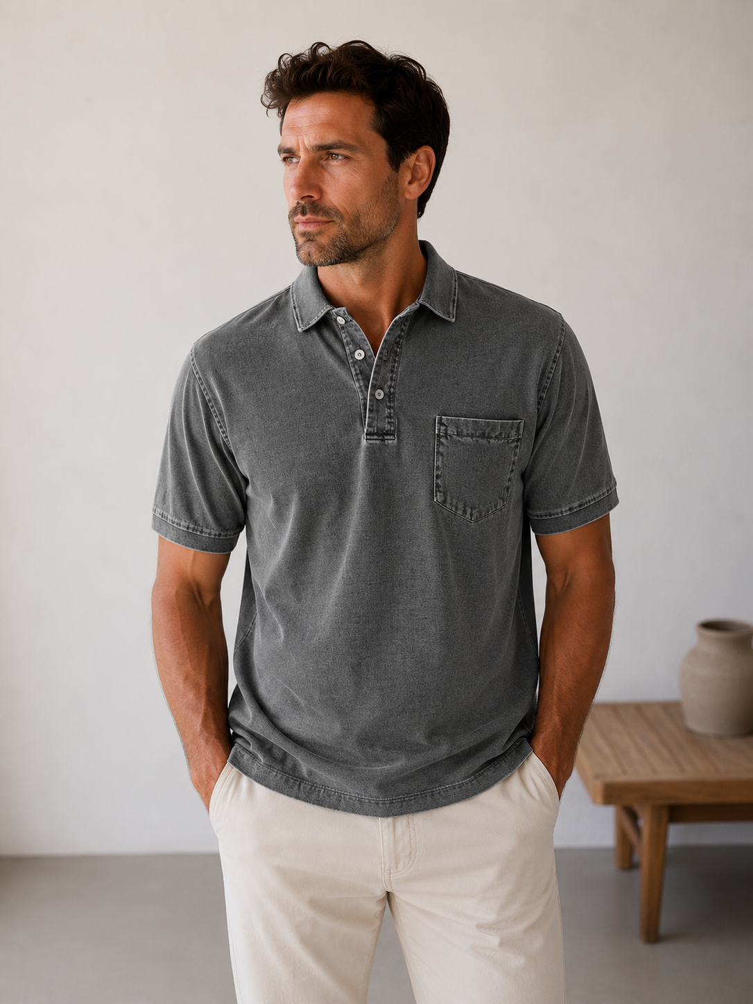 Relaxed-fit men's denim polo shirt with front button placket and hip-length cut