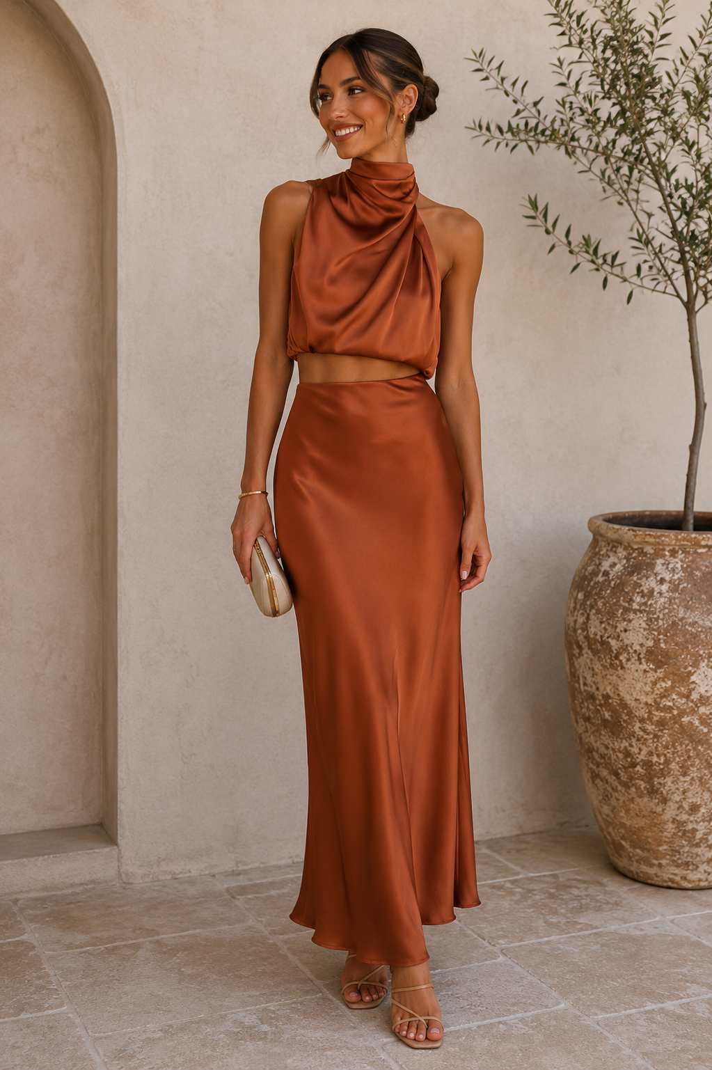 Women's Halterneck Satin Top and Skirt Set