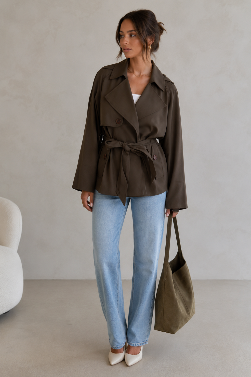 Women's wrap jacket with lapel collar and tie belt at the waist