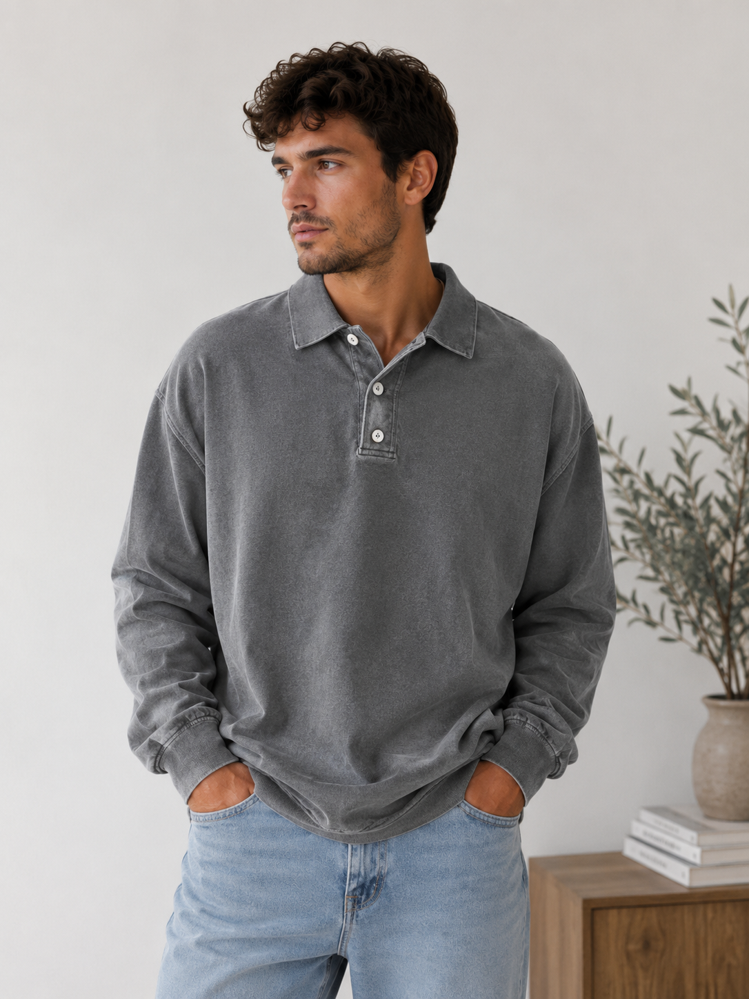 Men's casual polo sweatshirt with long sleeves and classic collar detail