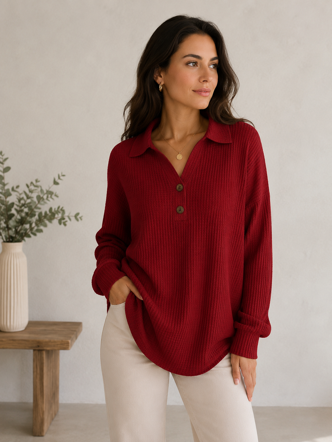 Long-sleeved women's blouse with partial button placket and fluid drape