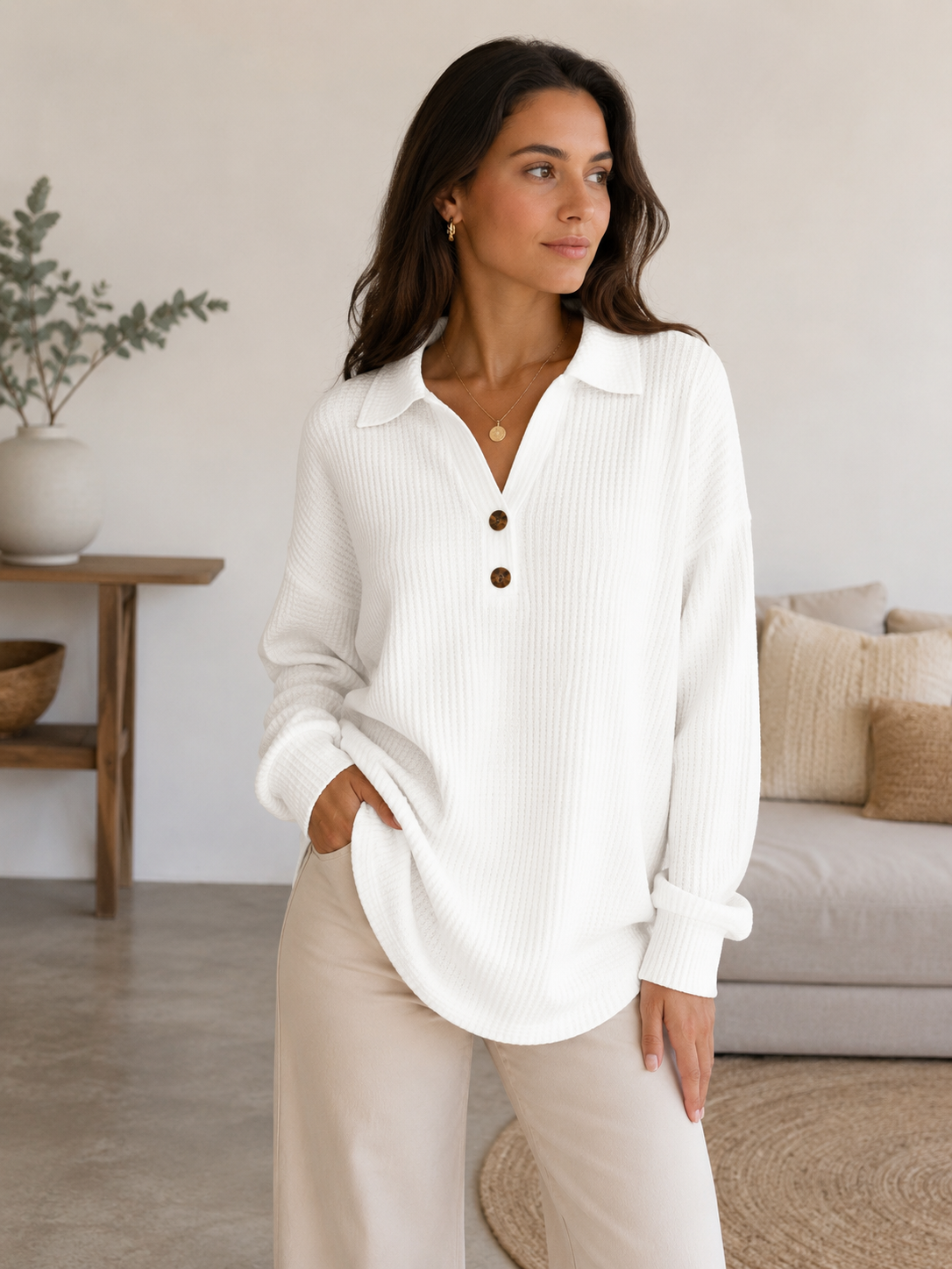 Women's relaxed-fit long-sleeved blouse with open collar in a soft textured fabric