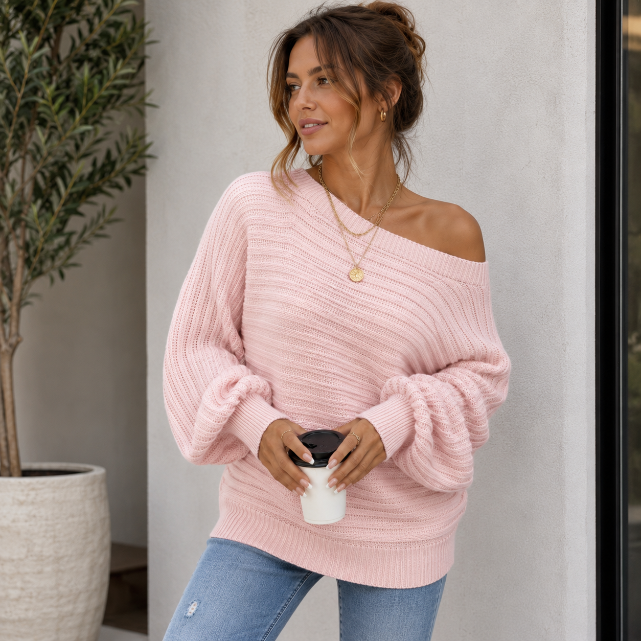 Women's Ribbed Off-Shoulder Sweater