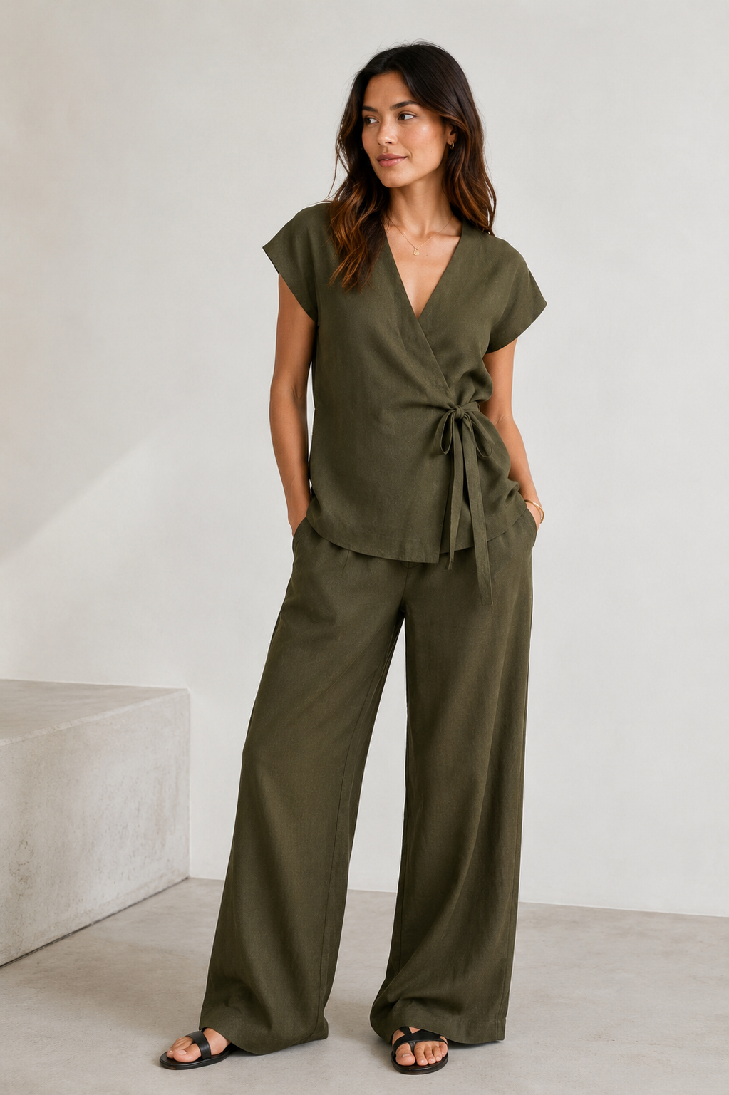 Women's wrap top and wide-leg pants set with V-neck and tie-waist
