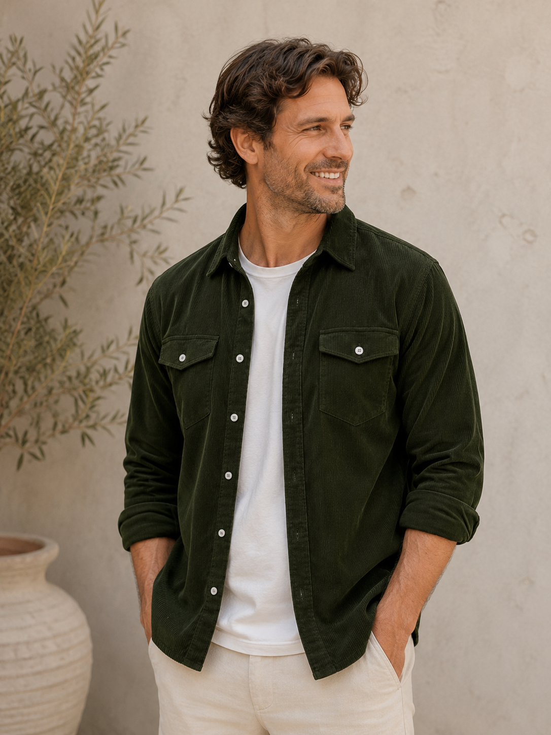 Men's relaxed overshirt with long sleeves and button front, worn as a casual layer