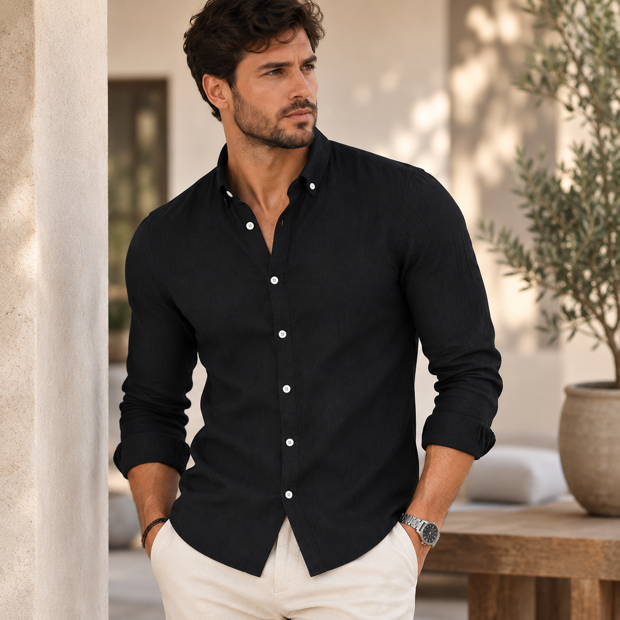 Men's slim fit long-sleeve shirt, back view, classic collar