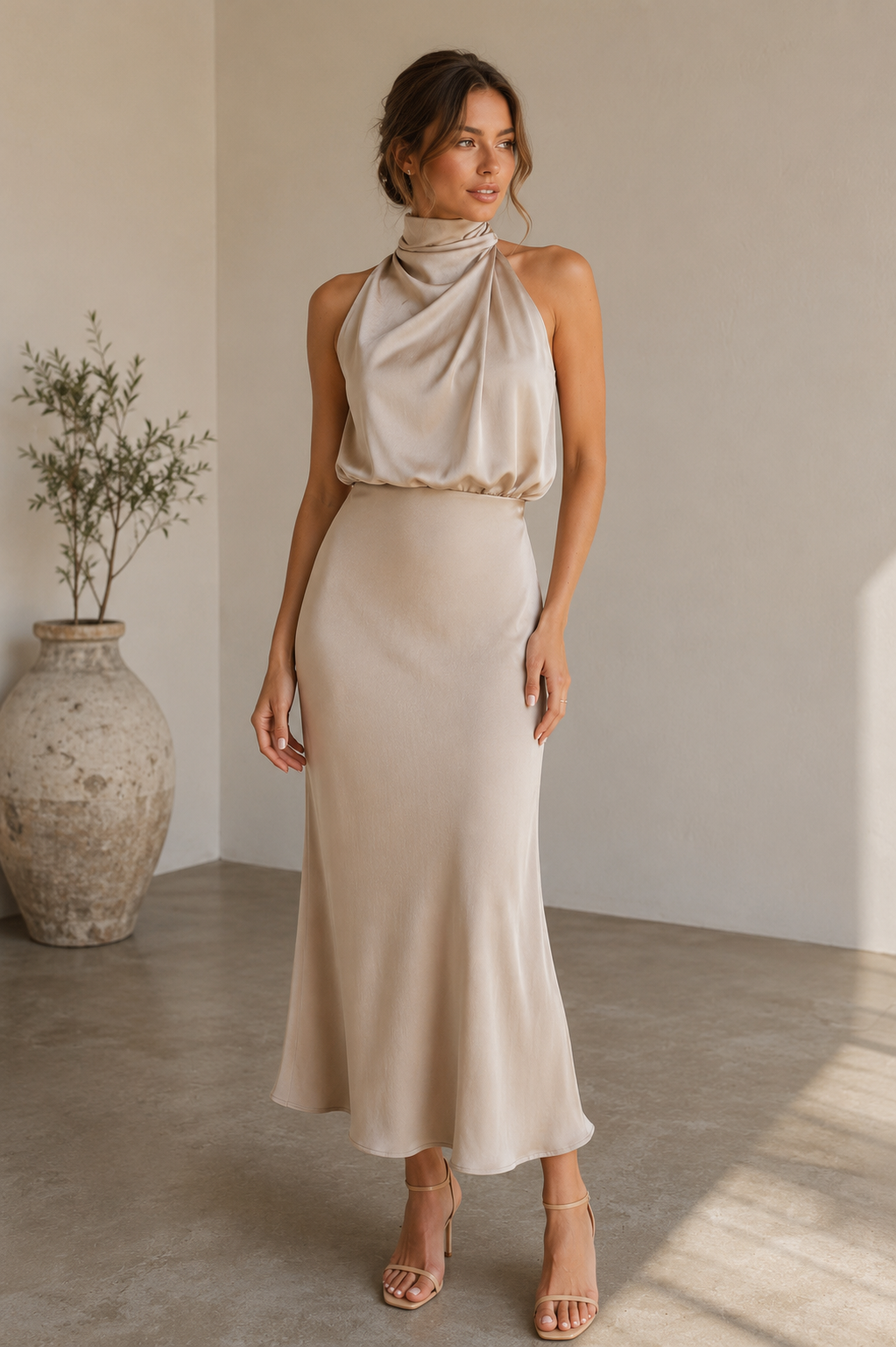 Women's Sleeveless Satin Halterneck Dress