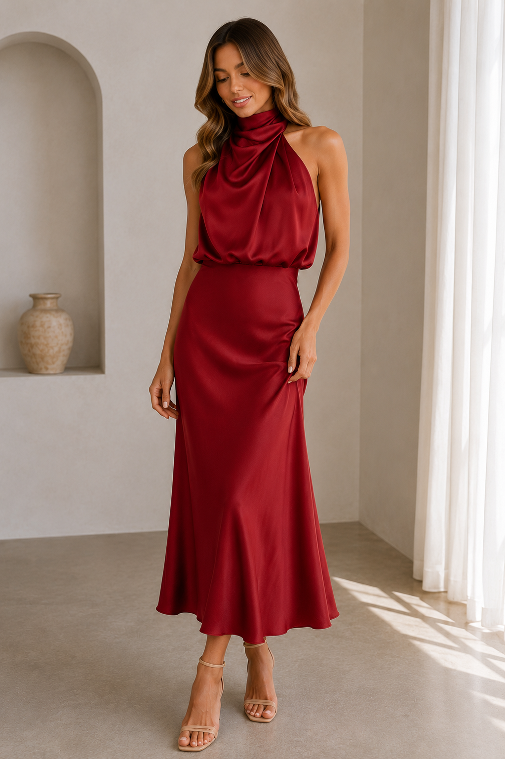 Sleeveless women's satin halterneck midi dress with a softly shaped, balanced silhouette