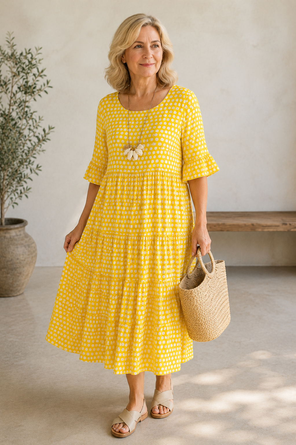 Polka dot midi dress with multi-tiered ruffles and relaxed round-neck silhouette for women