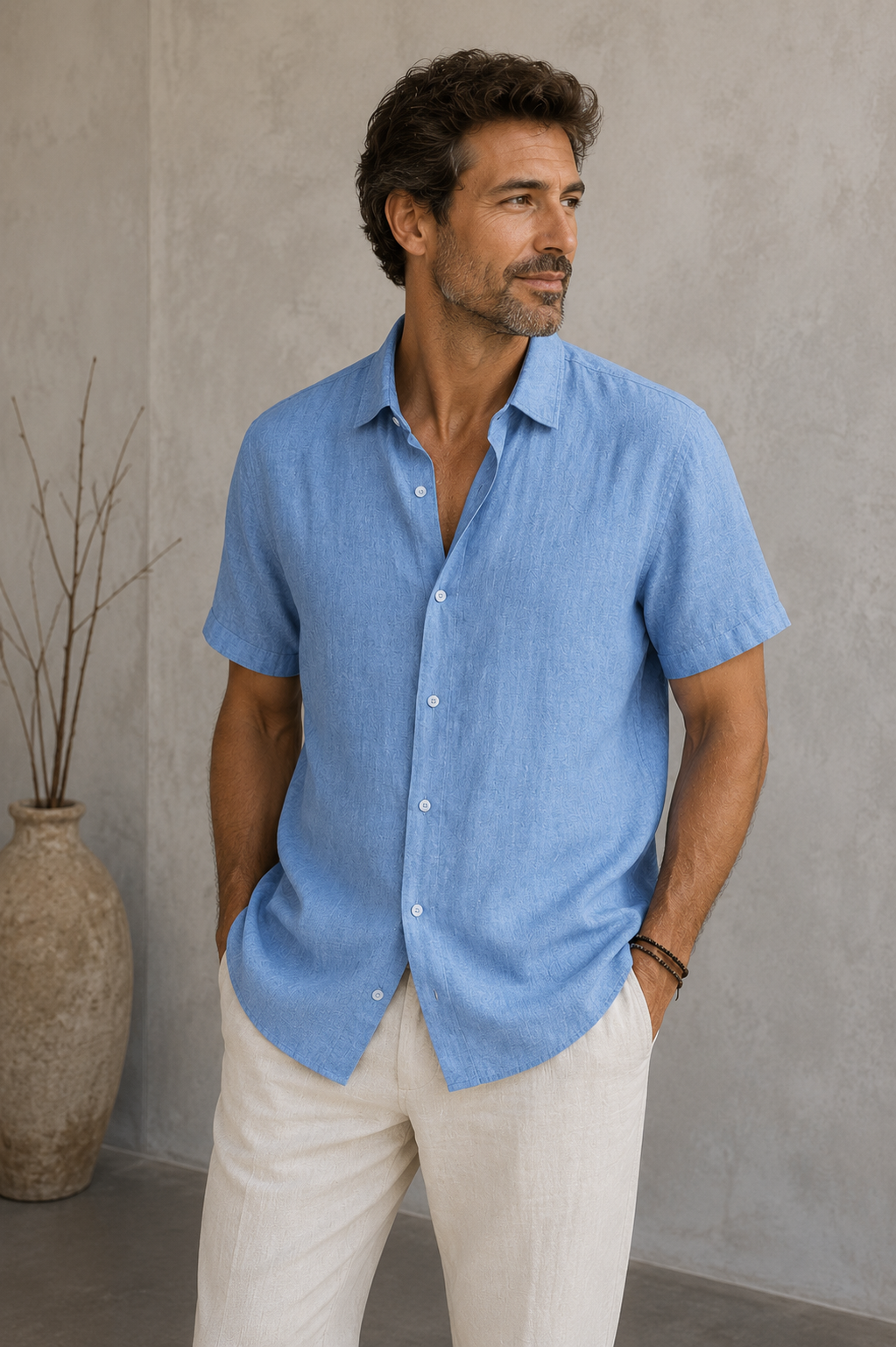 Short-sleeved men's shirt with regular fit and rounded hem