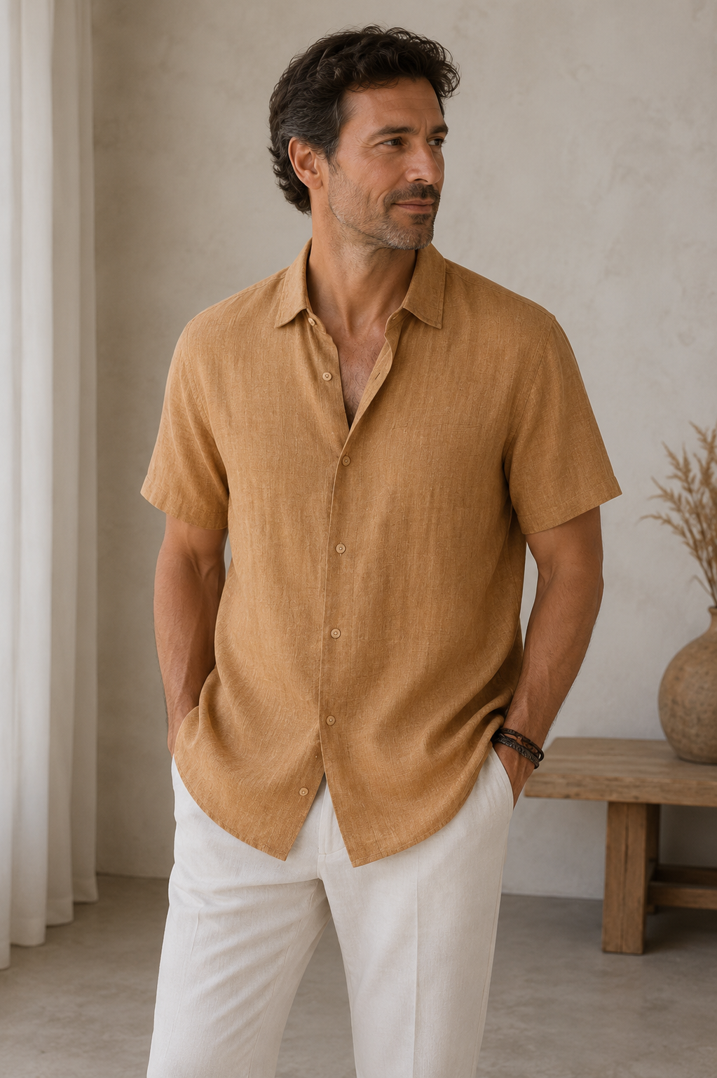 Men's short-sleeve shirt with front button closure and lightweight woven fabric
