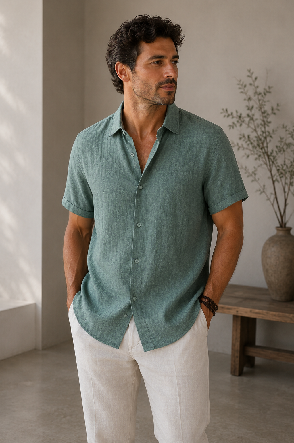 Short-sleeved shirt with button closure for men