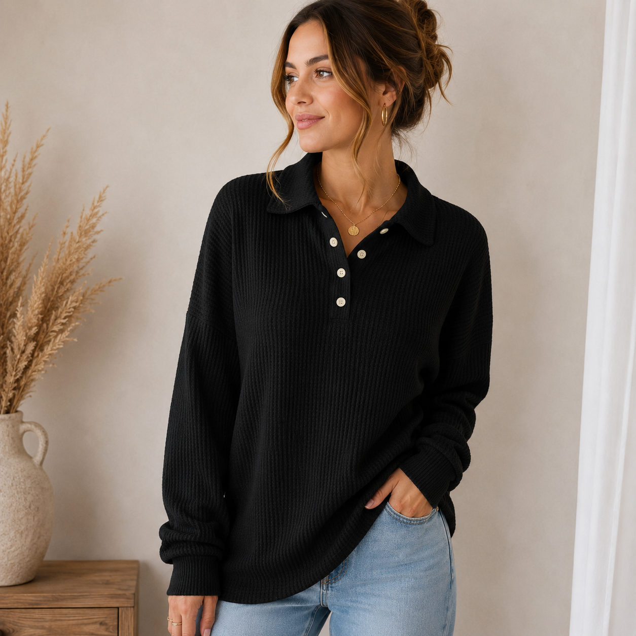 Women's textured waffle-knit sweater with button-closure collar