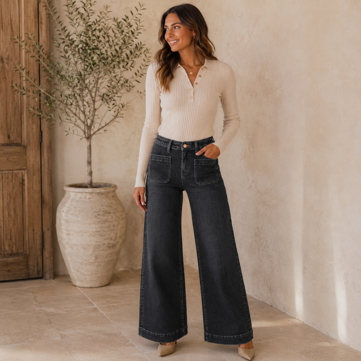 High-waisted wide-leg jeans for women with a flattering silhouette and stretch denim