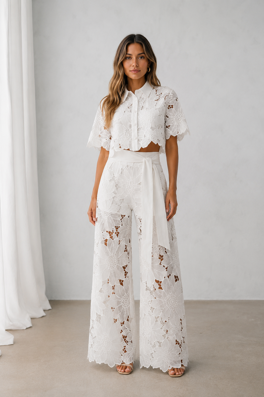 Women's two-piece lace set with short-sleeve button-up shirt and wide-leg trousers