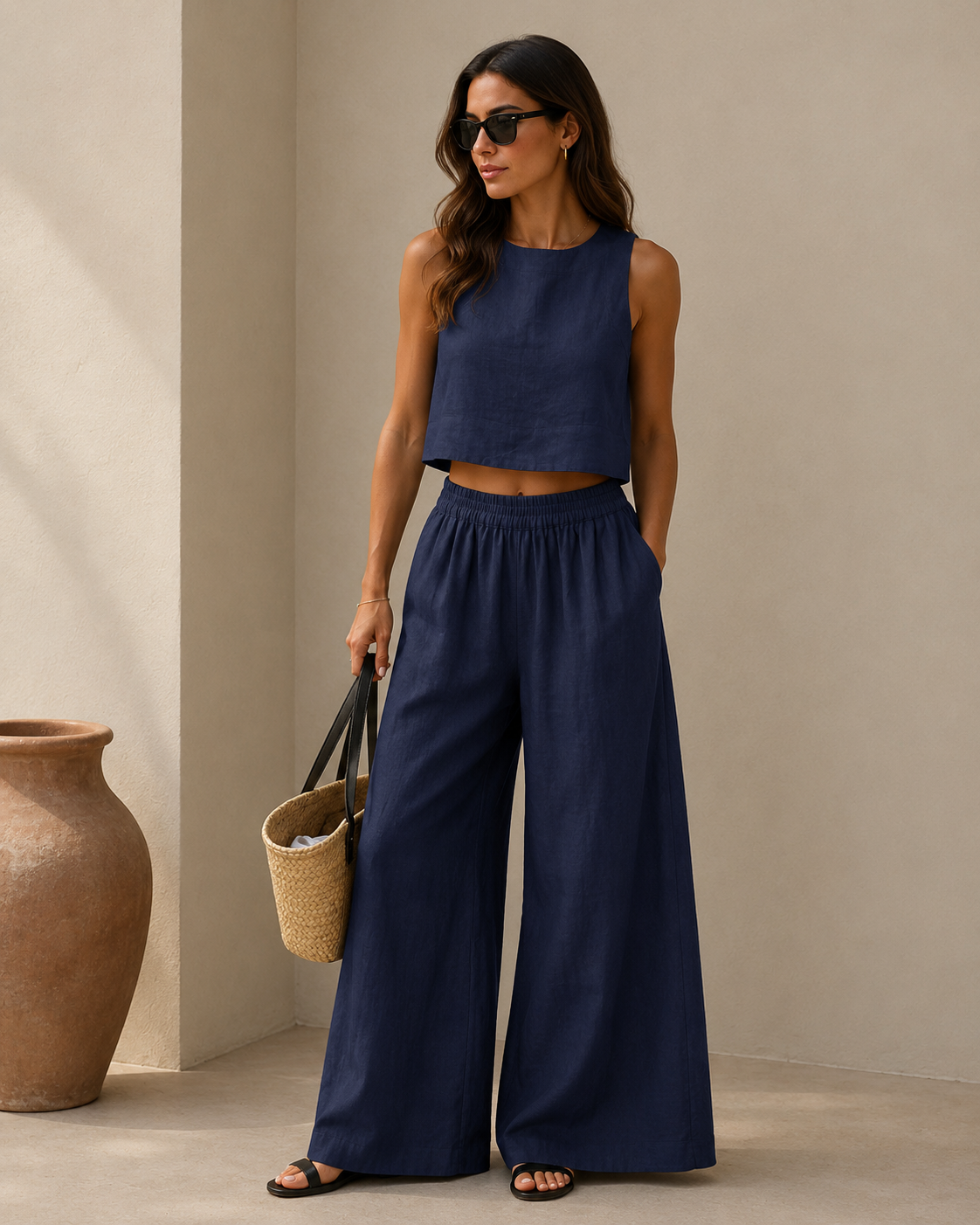 Sleeveless linen top and wide-leg trousers set for women